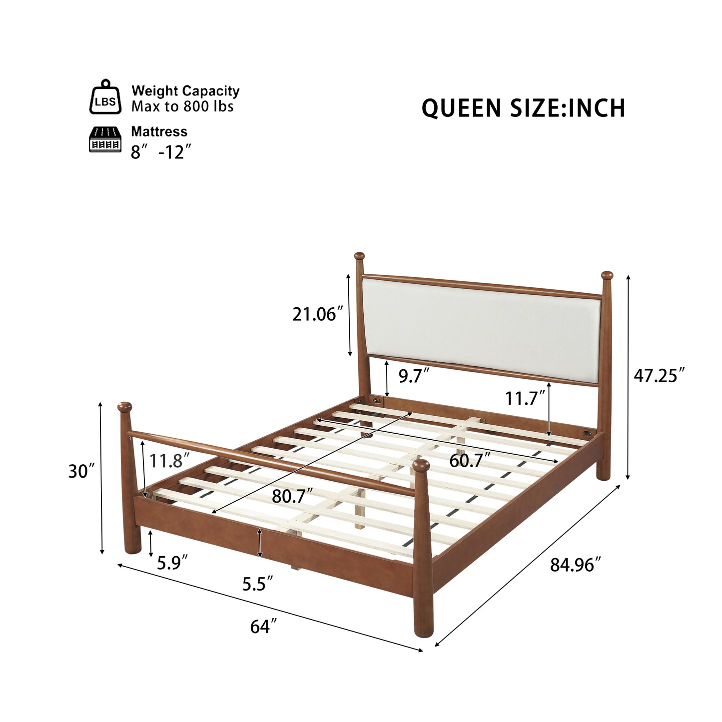 Solid Poplar & Plywood Bed Frame with Upholstered Headboard, Queen image 8