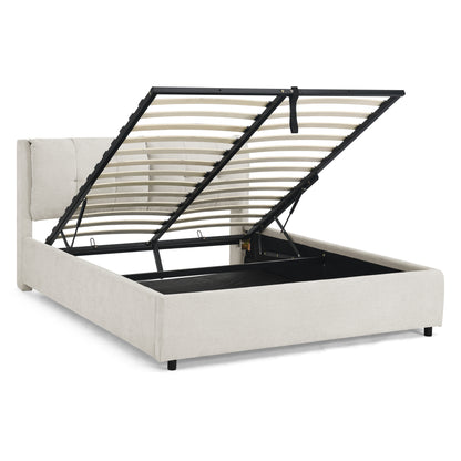 Queen Size Storage Upholstered Hydraulic Platform Bed with Integrated Headboard, Chenille Fabric, Beige image 9