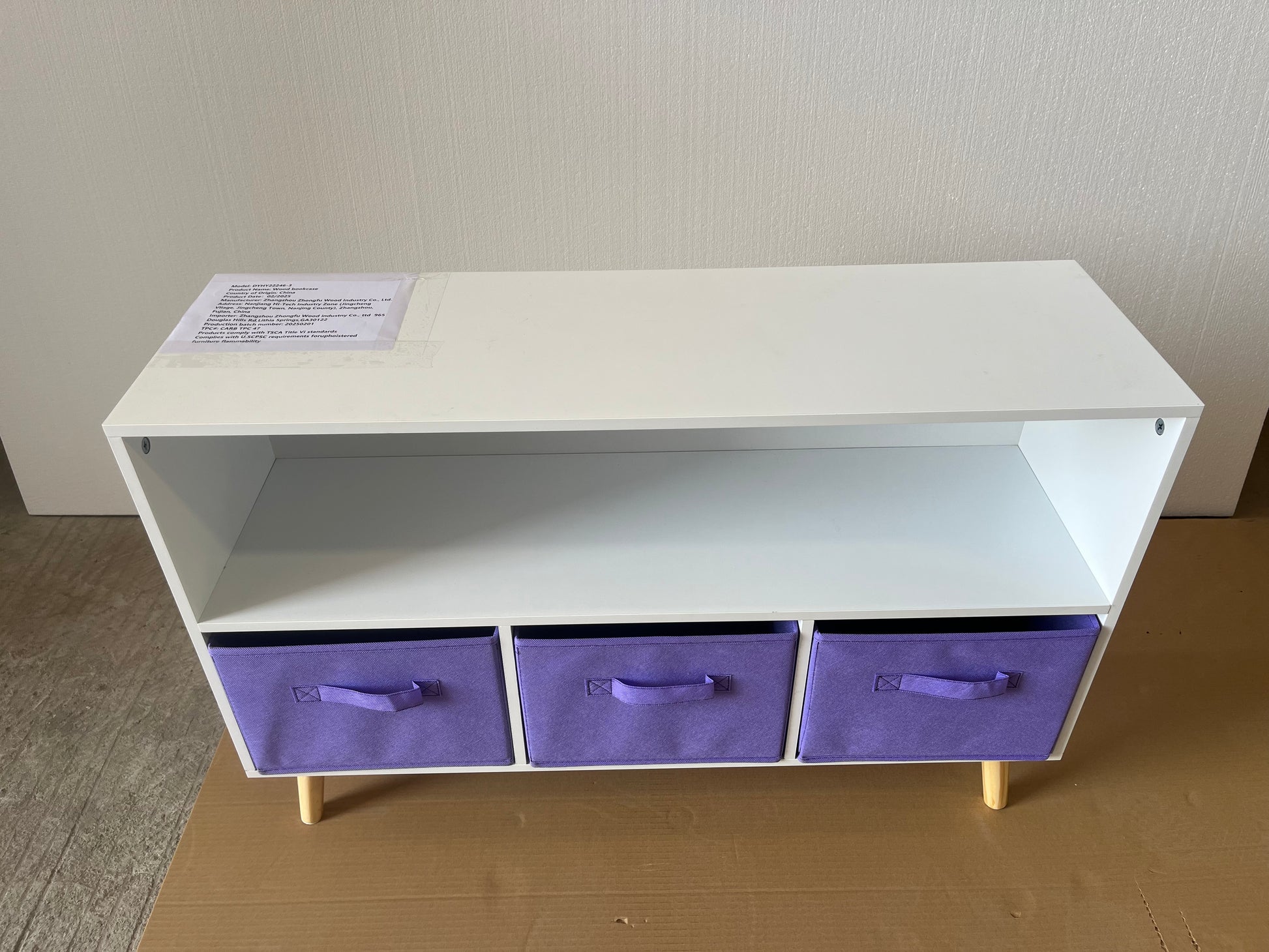 Kids bookcase with Collapsible Fabric Drawers, Children's Book Display, Toy Storage Cabinet Organizer, White/Purple image 7
