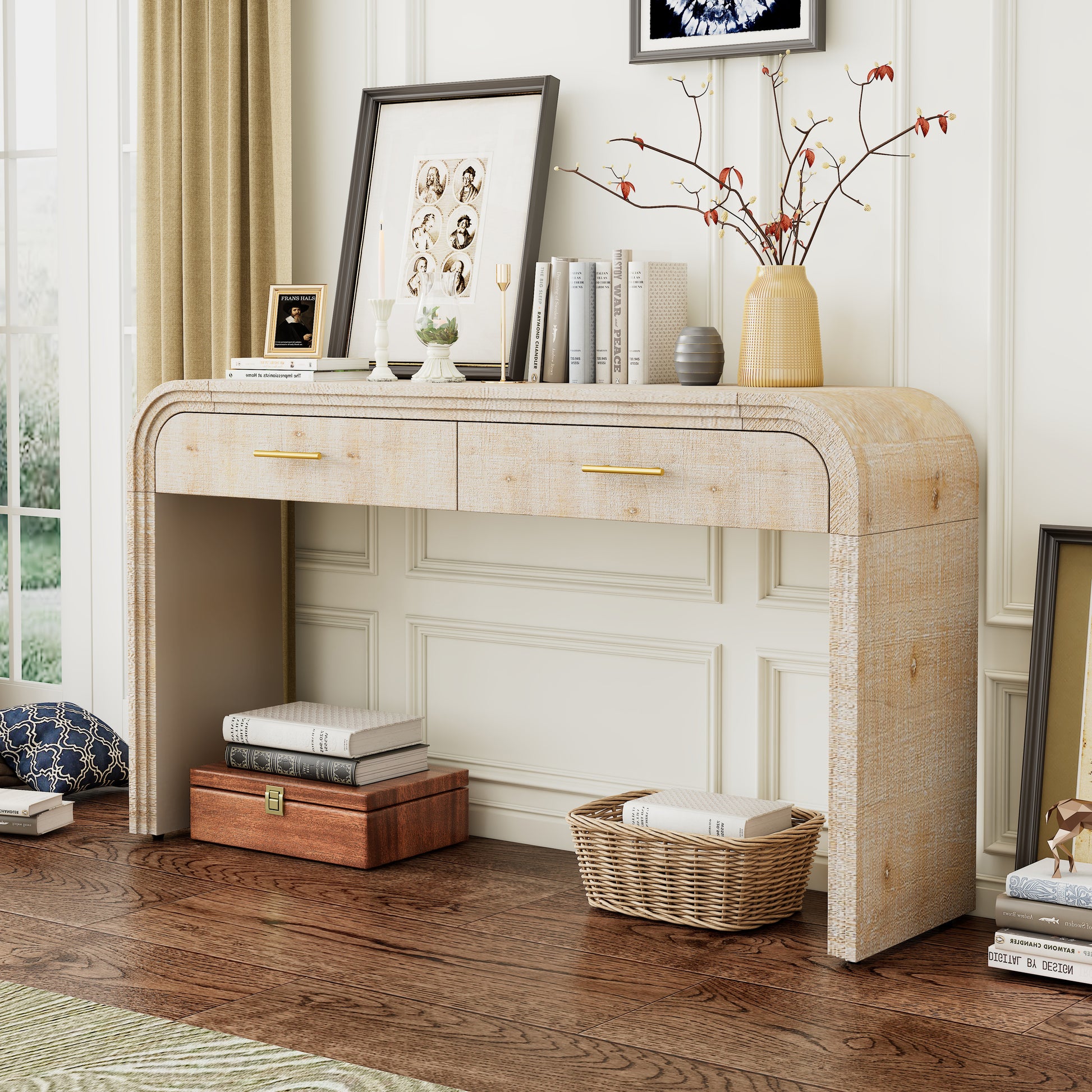 TREXM Unique Retro Silhouette Console Table with Open Style, Two Top Drawers for Entrance, Dinning Room, Living Room (Natural Wood Wash) image 1