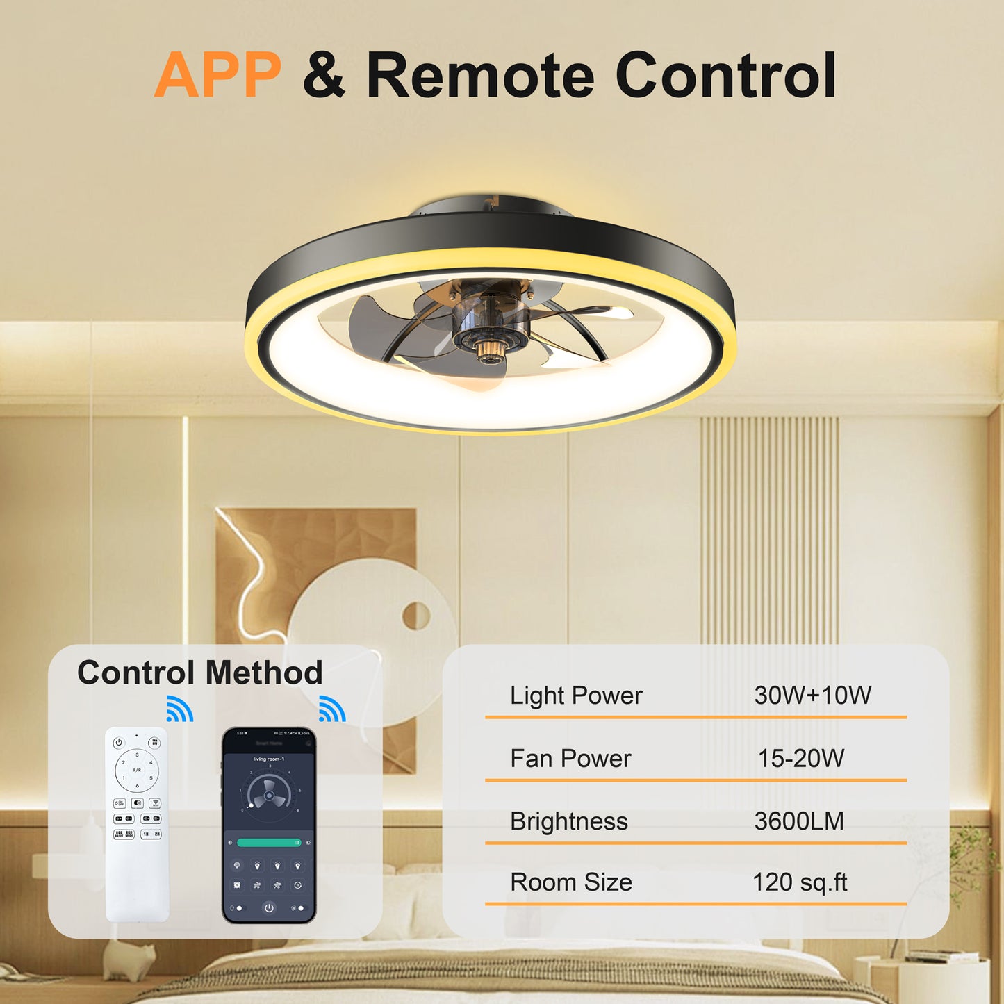 19.7" Modern RGB Ceiling Fan with Lights, Flush Mount Low Profile Fan with Remote & APP, 6-Speed Reversible Silent DC Motor, Dimmable 3000-6500K LED for Bedroom, Black image 9
