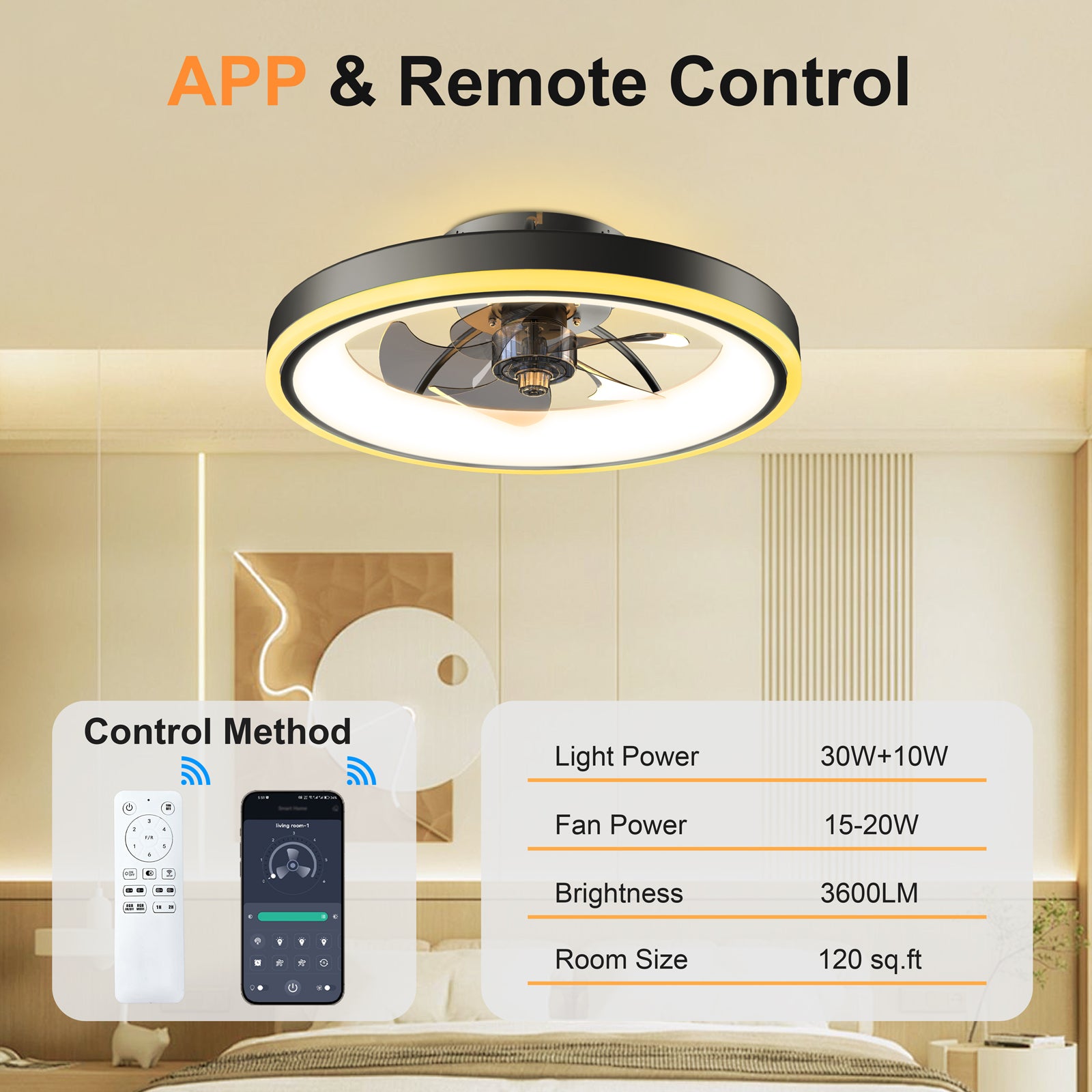19.7" Modern RGB Ceiling Fan with Lights, Flush Mount Low Profile Fan with Remote & APP, 6-Speed Reversible Silent DC Motor, Dimmable 3000-6500K LED for Bedroom, Black image 9