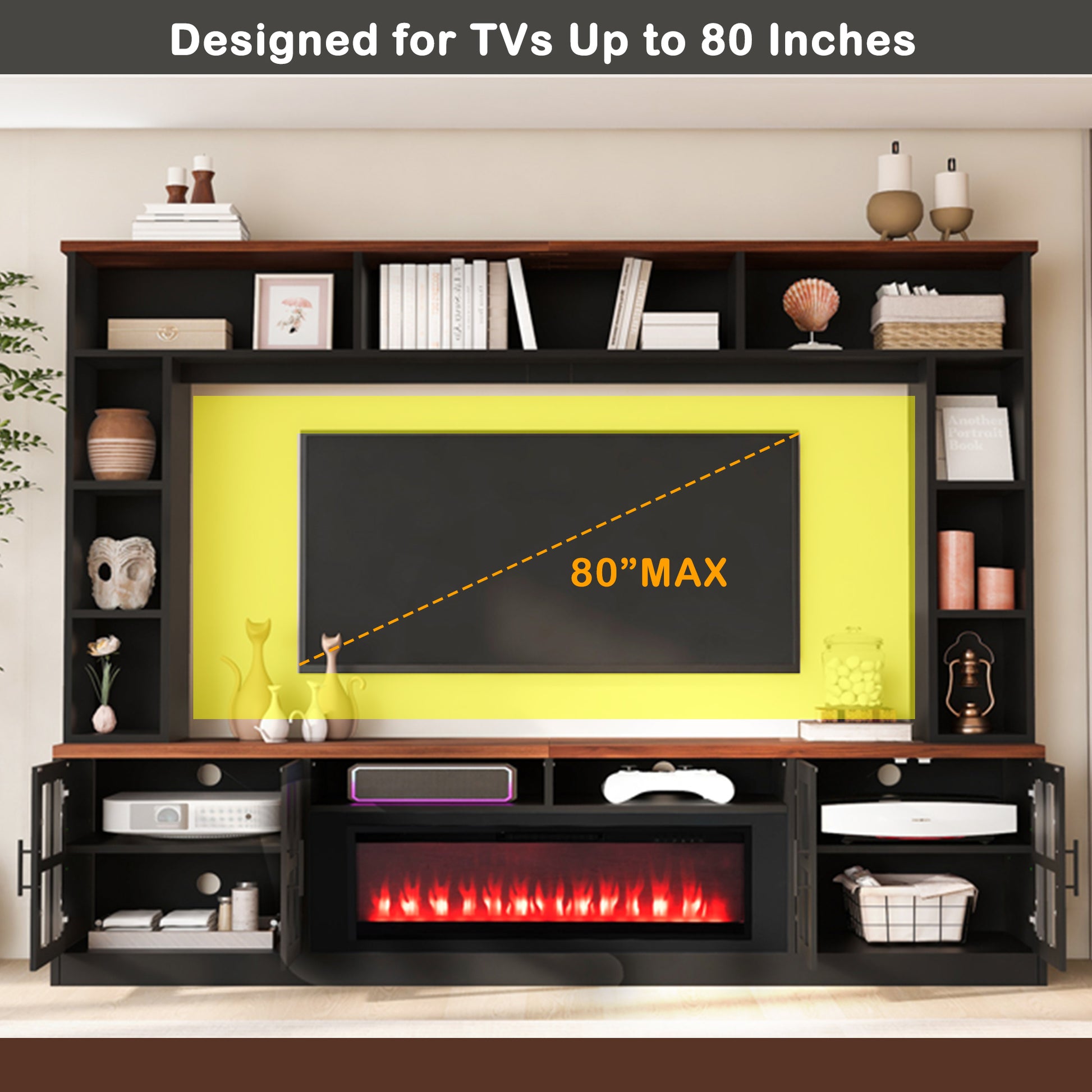 U-Can 95.5" W Wall Unit Entertainment Center with Bookshelves for TVs up to 80", Modern TV Stand Media Console with electric fireplace Cabinets, and Adjustable Shelves for Living Room image 10