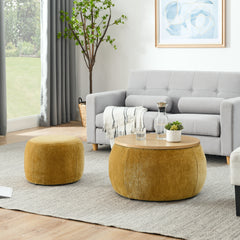 Round Storage Ottoman, 2 in 1 Function, Work as End table and Ottoman,with small seat,Light grey(25"x25"x14.7")