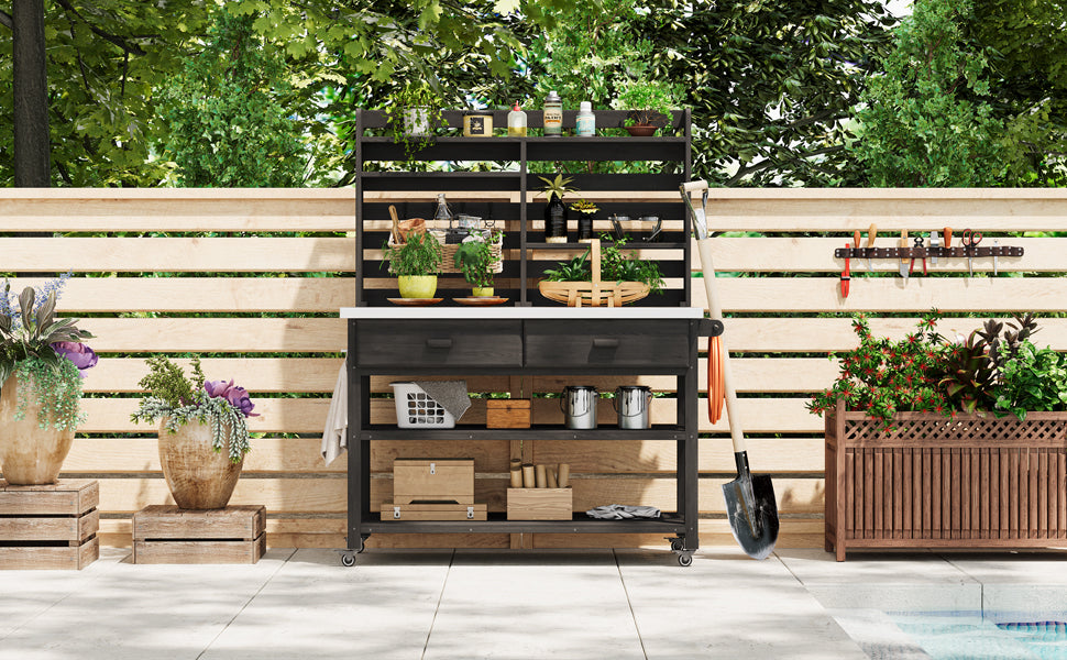 K&K 64.9"H Outdoor Potting Bench Table with Lockable Wheels, Solid Wood Outdoor Kitchen Island with Upper Hutch, Stainless Steel Top, Towel Rack,Outdoor Storage for Grilling, Lawn Garden -Black image 3