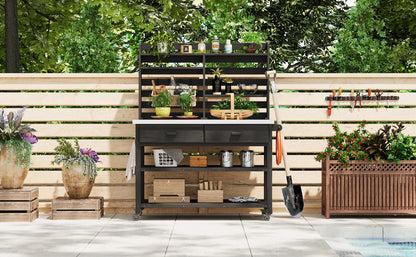 K&K 64.9"H Outdoor Potting Bench Table with Lockable Wheels, Solid Wood Outdoor Kitchen Island with Upper Hutch, Stainless Steel Top, Towel Rack,Outdoor Storage for Grilling, Lawn Garden -Black image 3
