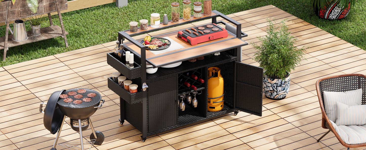 K&K 52.8"W Wicker Outdoor Grill Cart with Extended Plastic Wood Table Top, Rolling Kitchen Island on Wheels with Storage Cabinet, for Patio Backyard Garden Poolside, Double Handle Design, Black Brown image 8