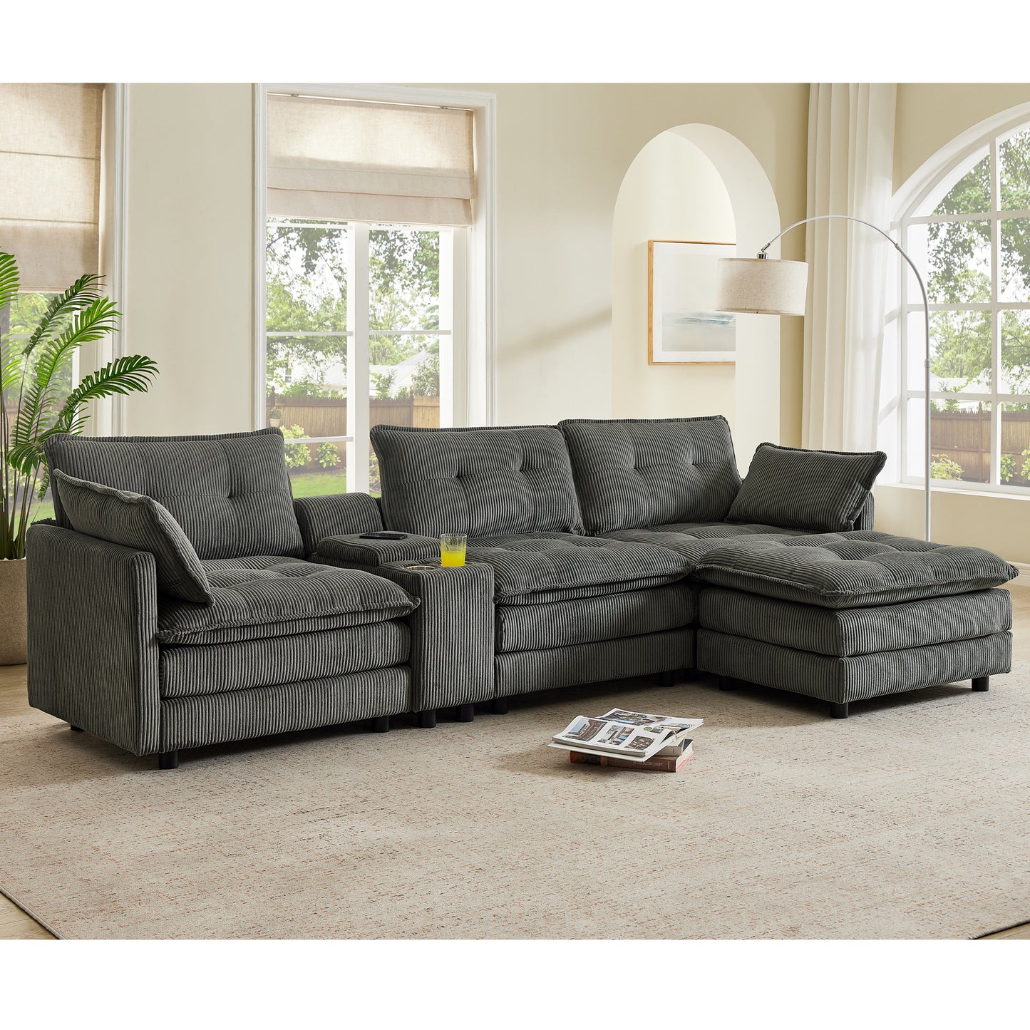 119" L-Shaped Oversized Corduroy Modular Sectional Sofa with 1 Ottoman and Multi Functional Console, 4-Seater Upholstered Couch with USB and 2 Cup Holder, Easy Assembly, for Living Room, Grey image 1