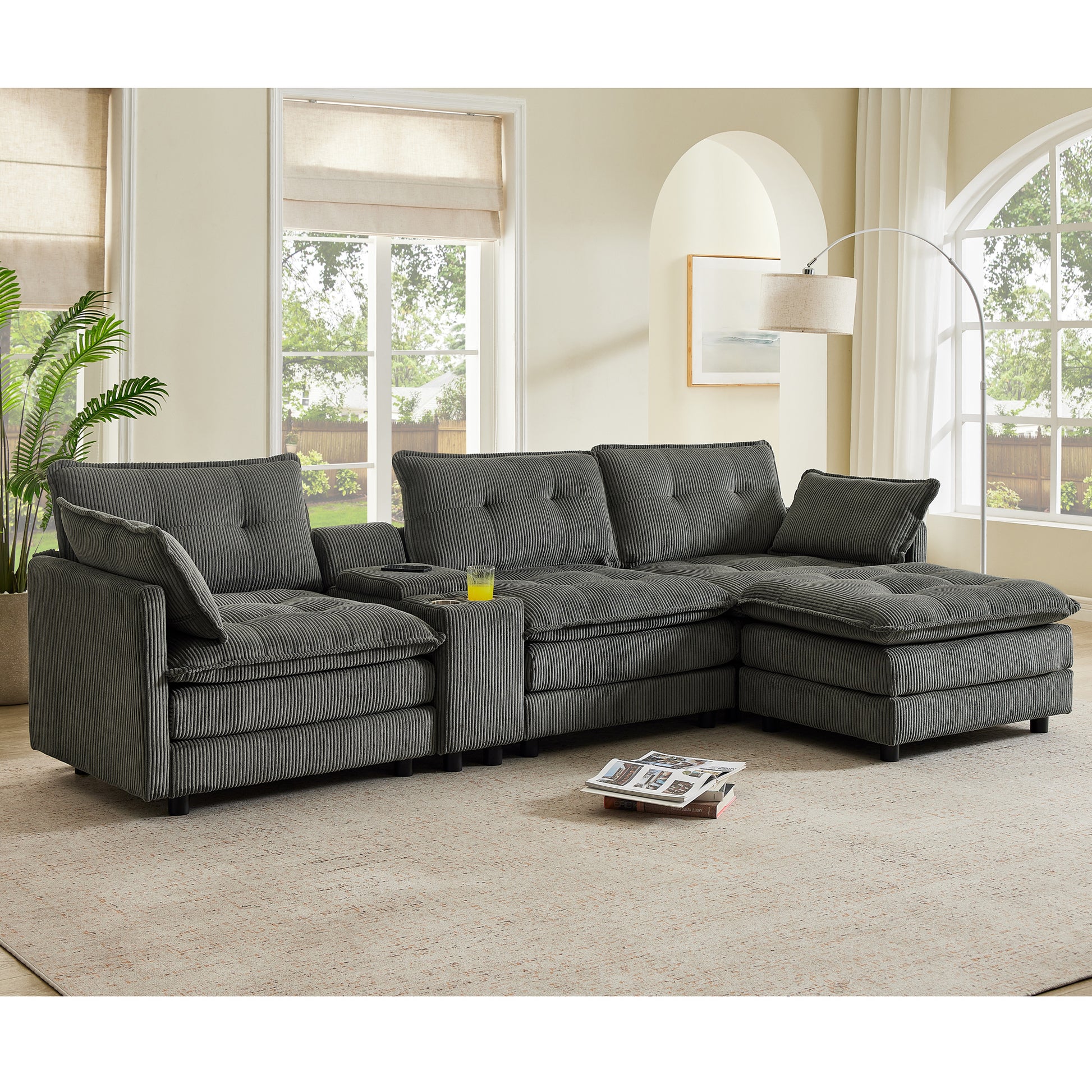 119" L-Shaped Oversized Corduroy Modular Sectional Sofa with 1 Ottoman and Multi Functional Console, 4-Seater Upholstered Couch with USB and 2 Cup Holder, Easy Assembly, for Living Room, Grey image 1