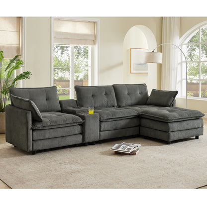 119" L-Shaped Oversized Corduroy Modular Sectional Sofa with 1 Ottoman and Multi Functional Console, 4-Seater Upholstered Couch with USB and 2 Cup Holder, Easy Assembly, for Living Room, Grey image 1