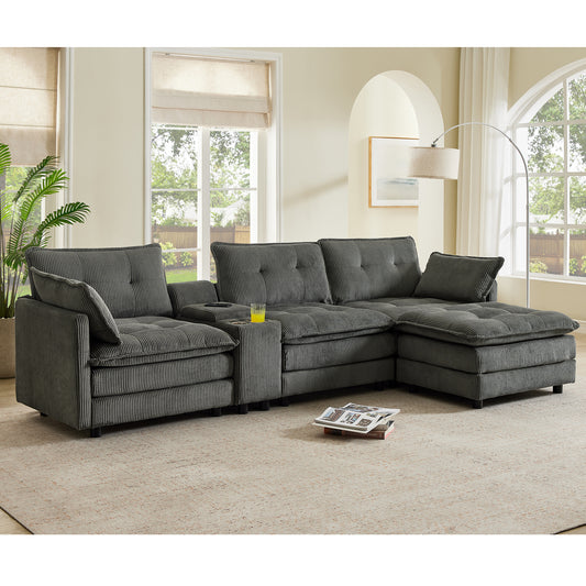 119 L-Shaped Corduroy Modular Sectional Sofa with Ottoman and Console - Front View