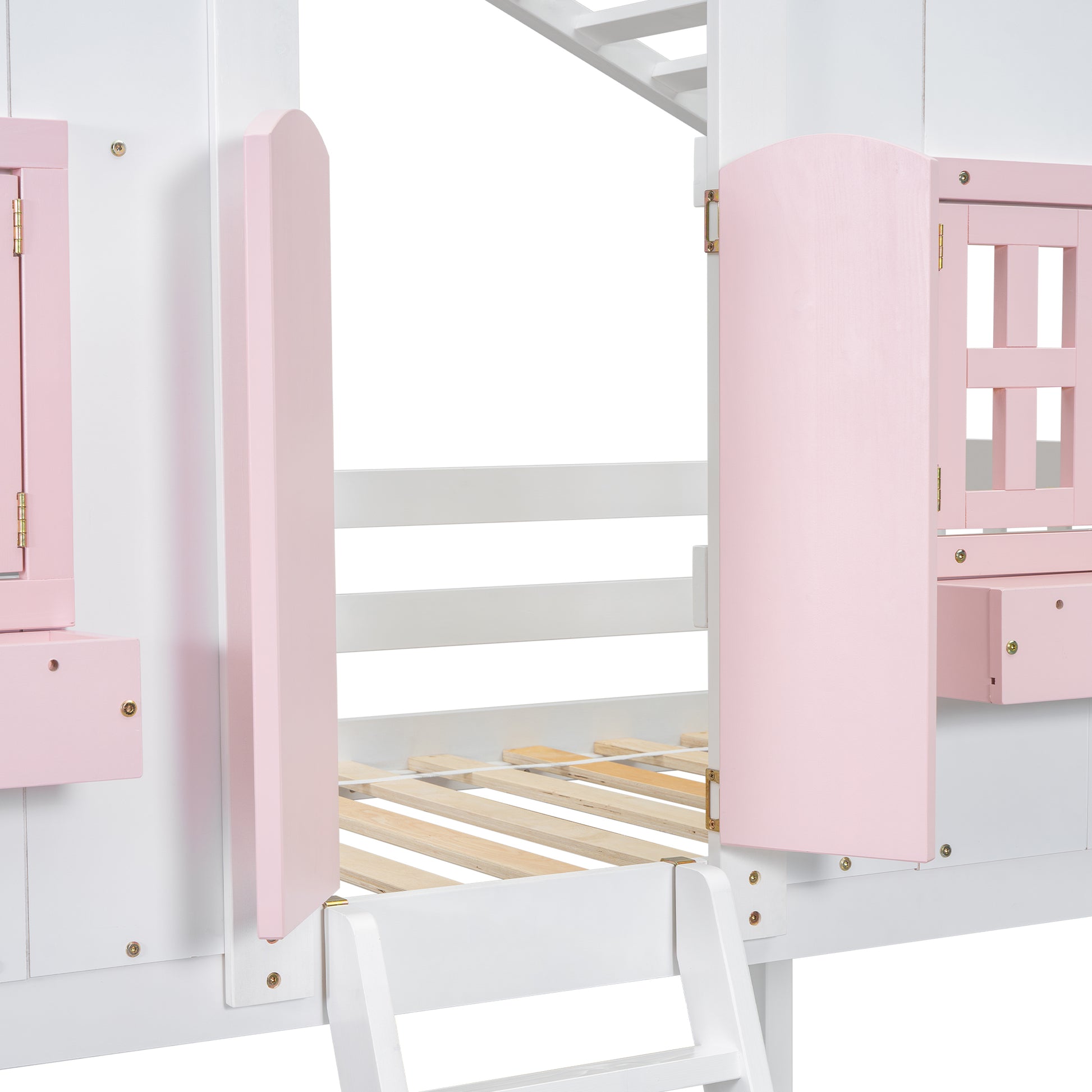 Twin over Twin House Bunk Bed with Roof, Window, Window Box, Door, with Safety Guardrails and Ladder, Pink/White image 9