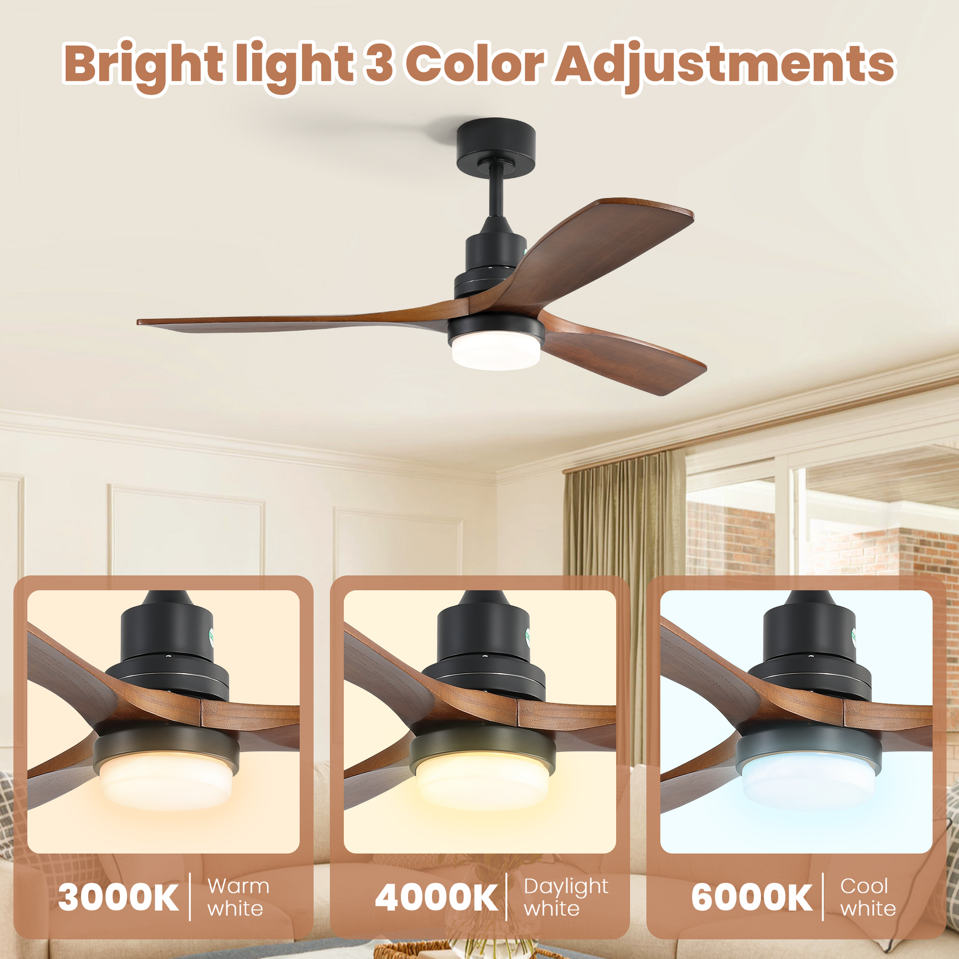 (Same as W882P368812) 52 Inch Indoor Ceiling Fan With Dimmable Led Light 3 Solid Wood Blades Remote Control Reversible DC Motor Black For Living Room image 6