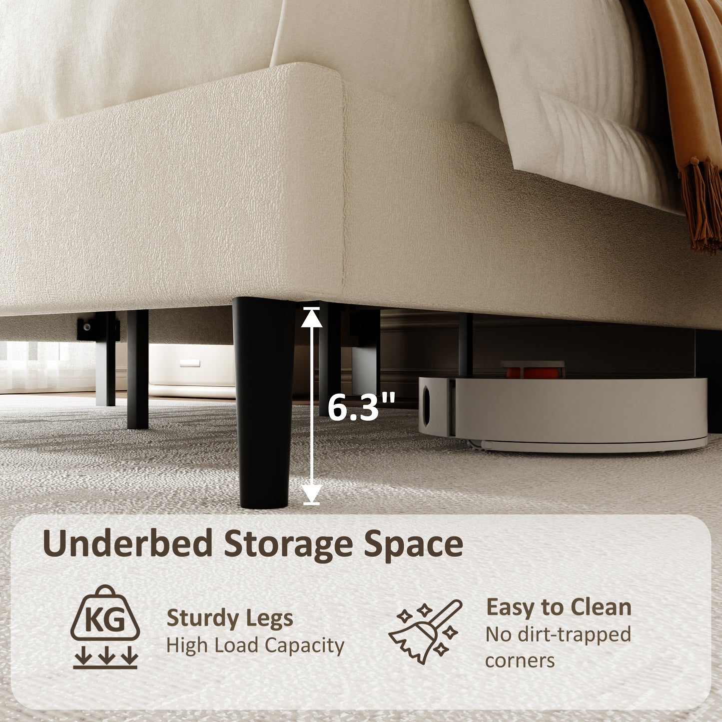 Queen Size Bed frame, Velvet Upholstered Platform Bed with Height-Adjustable Headboard, Sturdy Frame and Alats, Quiet Design, No-Spring Mattress Compatible, Easy to Assemble, Beige image 7
