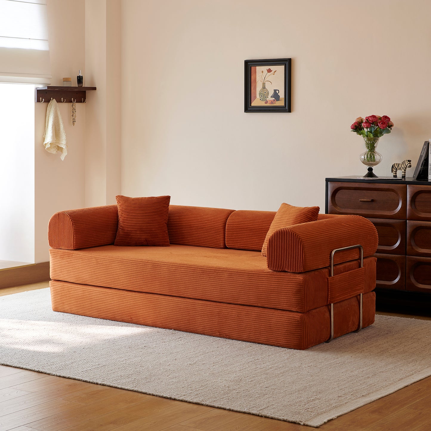 78.8" Compression Sofa,Convertible Floor Sofa Bed-with Pillow Back Support Armrest,Comfy Futon Couch Sleeper Bed,Loveseats Boneless Modular Sectional Sofa,Corduroy fabric,for Living Room,Bedroom image 3