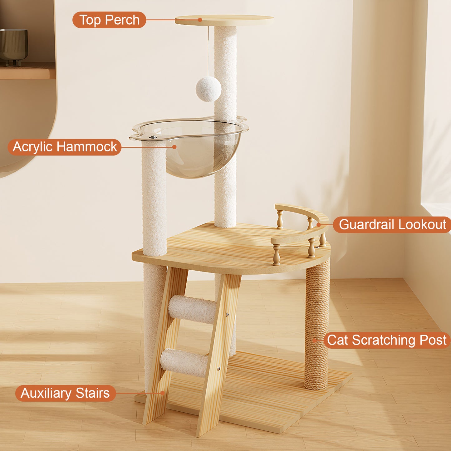 41.3" Modern Cat Tower, Wood Cat Tree Tower for Indoor Cats, Cat Treewith Sisal-Covered Scratching Posts and Top Perch, Cat Condo with Acrylic Hammock for Small Large Cats image 4