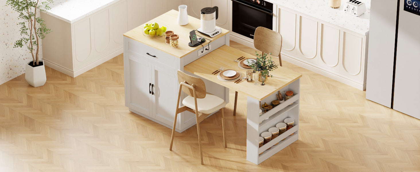 K&K 82.7 inch Kitchen Island with Extendable Dining Table for 4-6 Person,Two-tone Kitchen Table with Double-sized Storage, Power Outlet, Kitchen island with Storage 2 Drawers 2 Side Open Shelves,White image 11