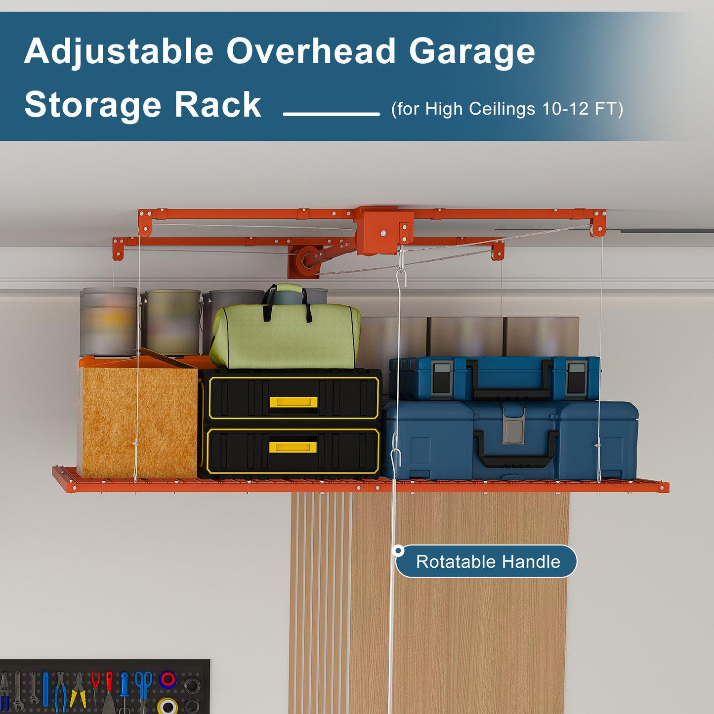Orange Overhead Garage Storage Rack 4x8 FT for High Ceilings 10-12 FT, 350LBS Capacity All-Steel Construction with Safety Lock (Installation Required, Heavy-Duty Garage Organizer) image 5
