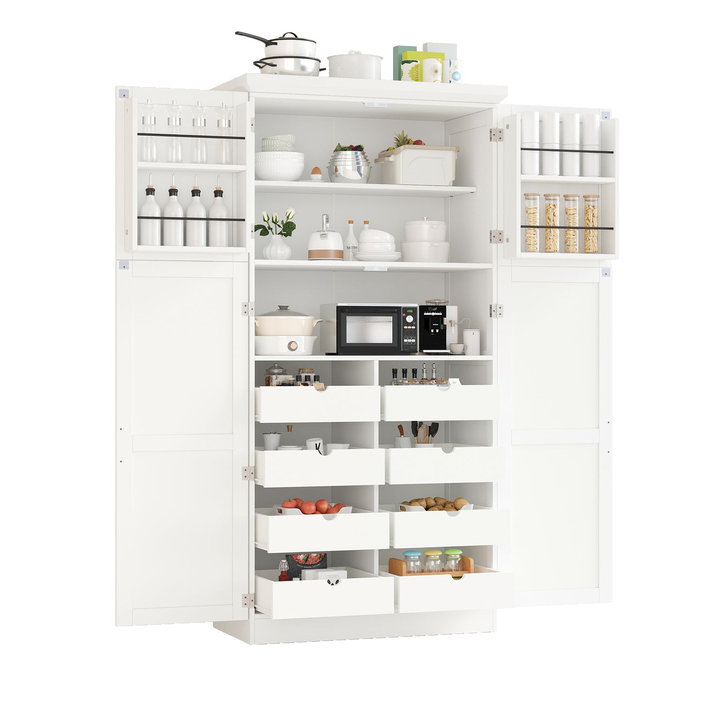 [Assembly Video Provided] TOPMAX 35.5x17.6x70.9inch Freestanding Kitchen Pantry Cabinet, Tall Storage Cabinet with 4 Doors, 2 Door Shelves, 8 Pull-out Trays and Adjustable Shelf for Dining Room, White image 12