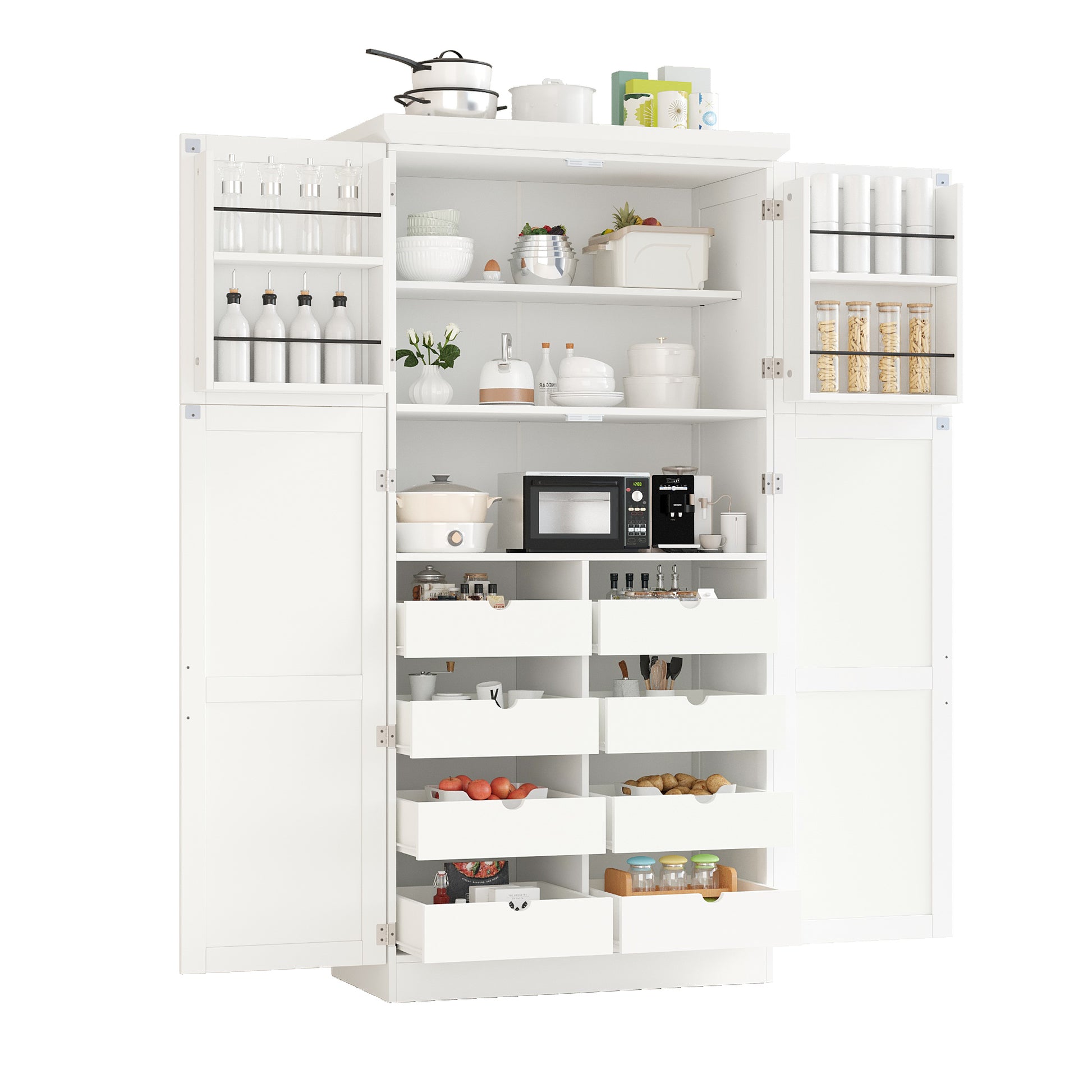 [Assembly Video Provided] TOPMAX 35.5x17.6x70.9inch Freestanding Kitchen Pantry Cabinet, Tall Storage Cabinet with 4 Doors, 2 Door Shelves, 8 Pull-out Trays and Adjustable Shelf for Dining Room, White image 12