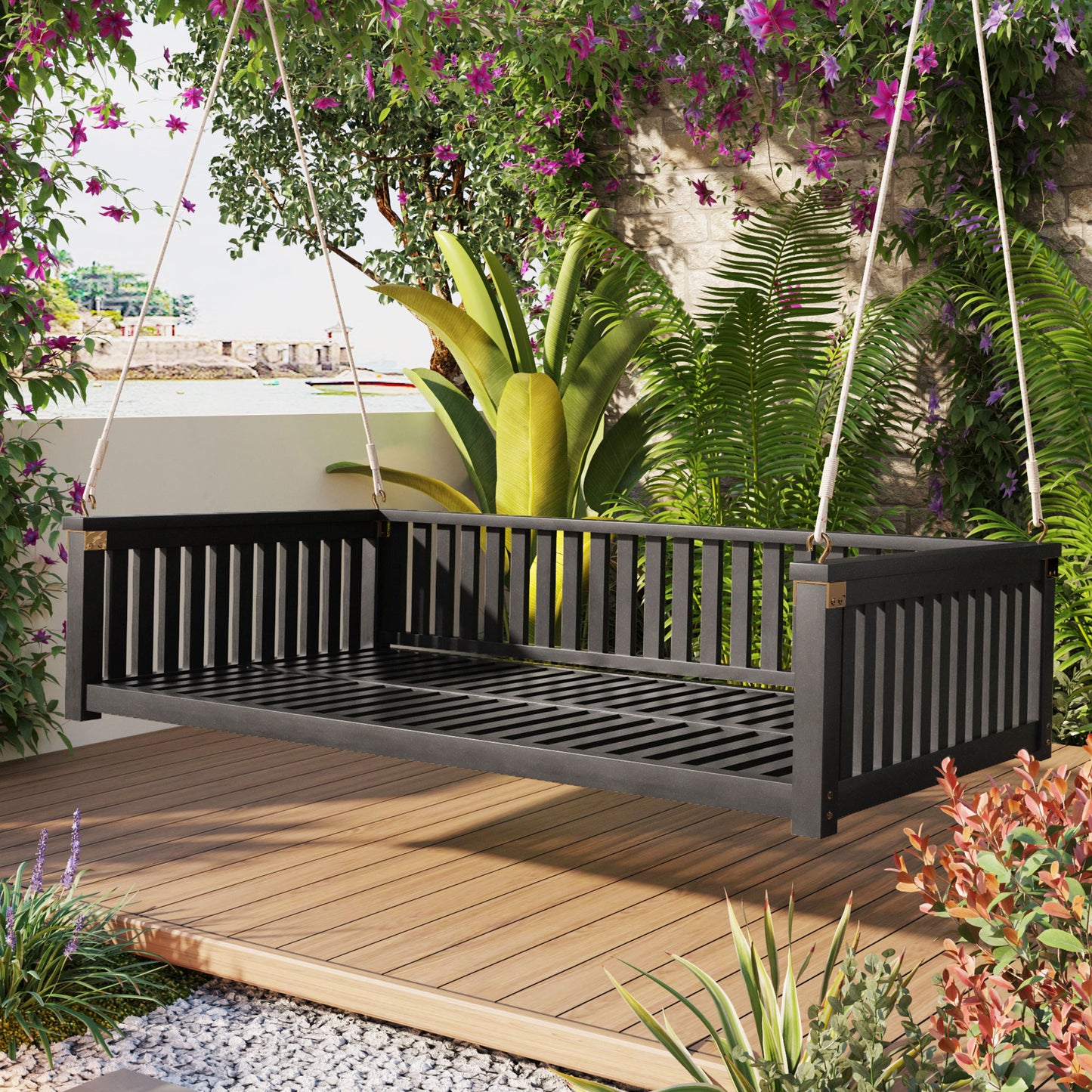 TOPMAX Patio Minimalist Twin Size Garden Swing Bed Wood Porch Swing with Ropes for Backyard, Safe Sloped Design, Black image 1
