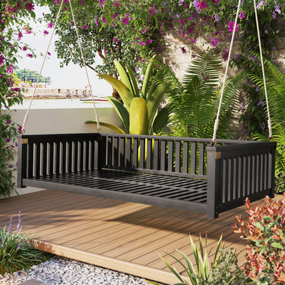 TOPMAX Patio Minimalist Twin Size Garden Swing Bed Wood Porch Swing with Ropes for Backyard, Safe Sloped Design, Black image 1