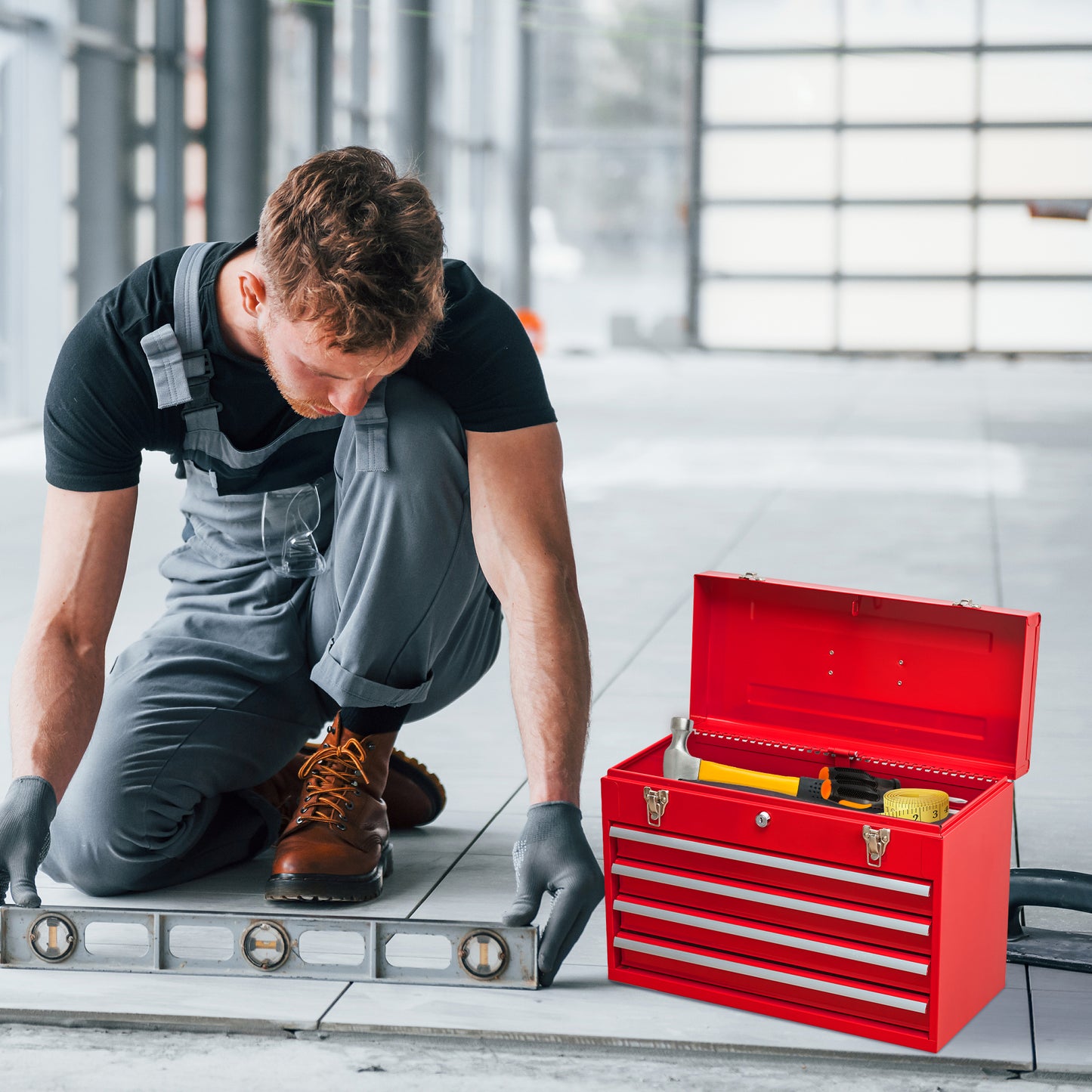 Metal Tool Box with 4 Drawers Portable Steel Tool Chest with Metal Cylinder Lock and Latch Closure, Liner, Red Powder coating, suitable for Garage, Warehouse and Outdoor Repair job-Red image 10