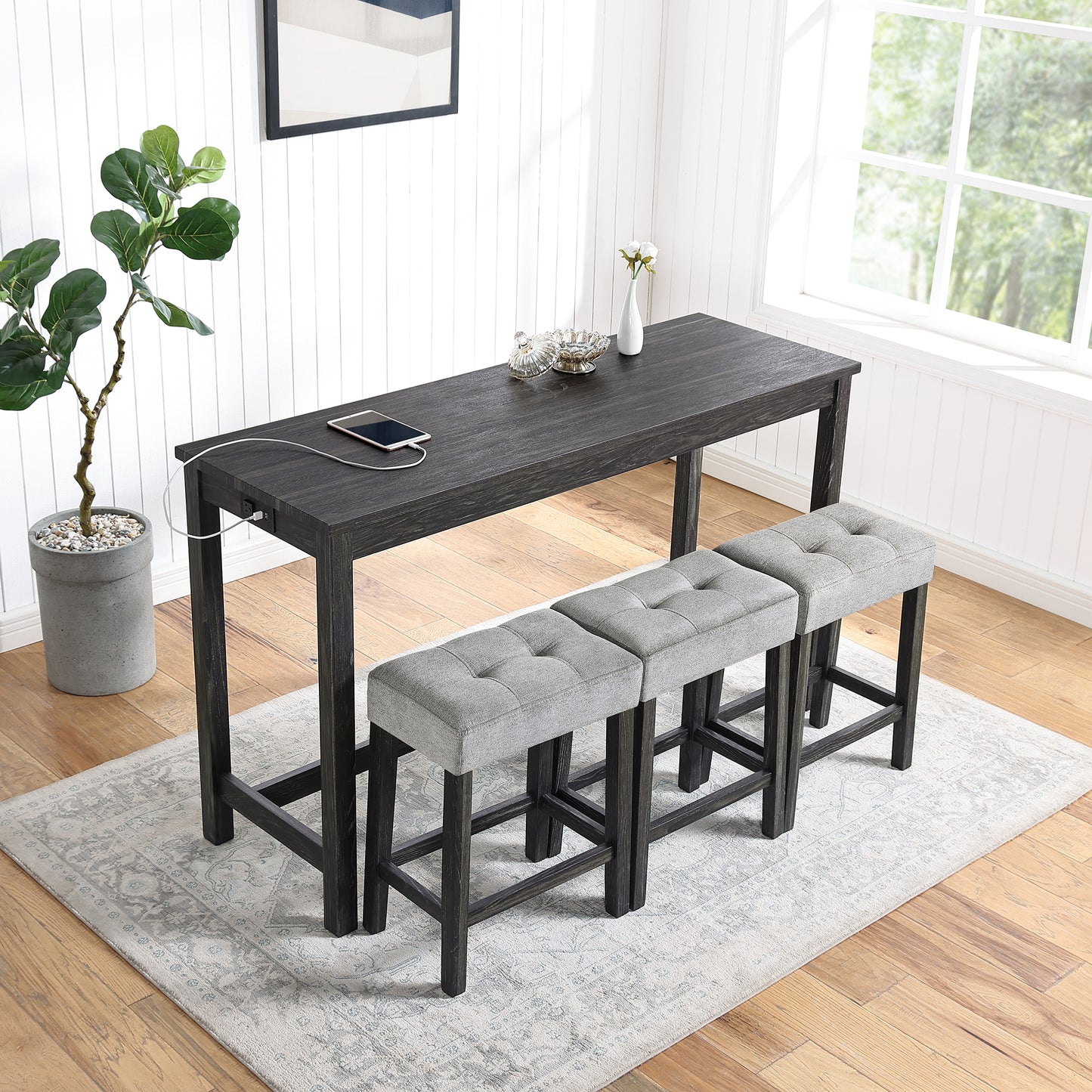 Bar Table Set with Power Outlet, Bar Table and Chairs Set, 4 Piece Dining Table Set, Industrial Breakfast Table Set, for Living Room, Dining Room, Game Room image 2