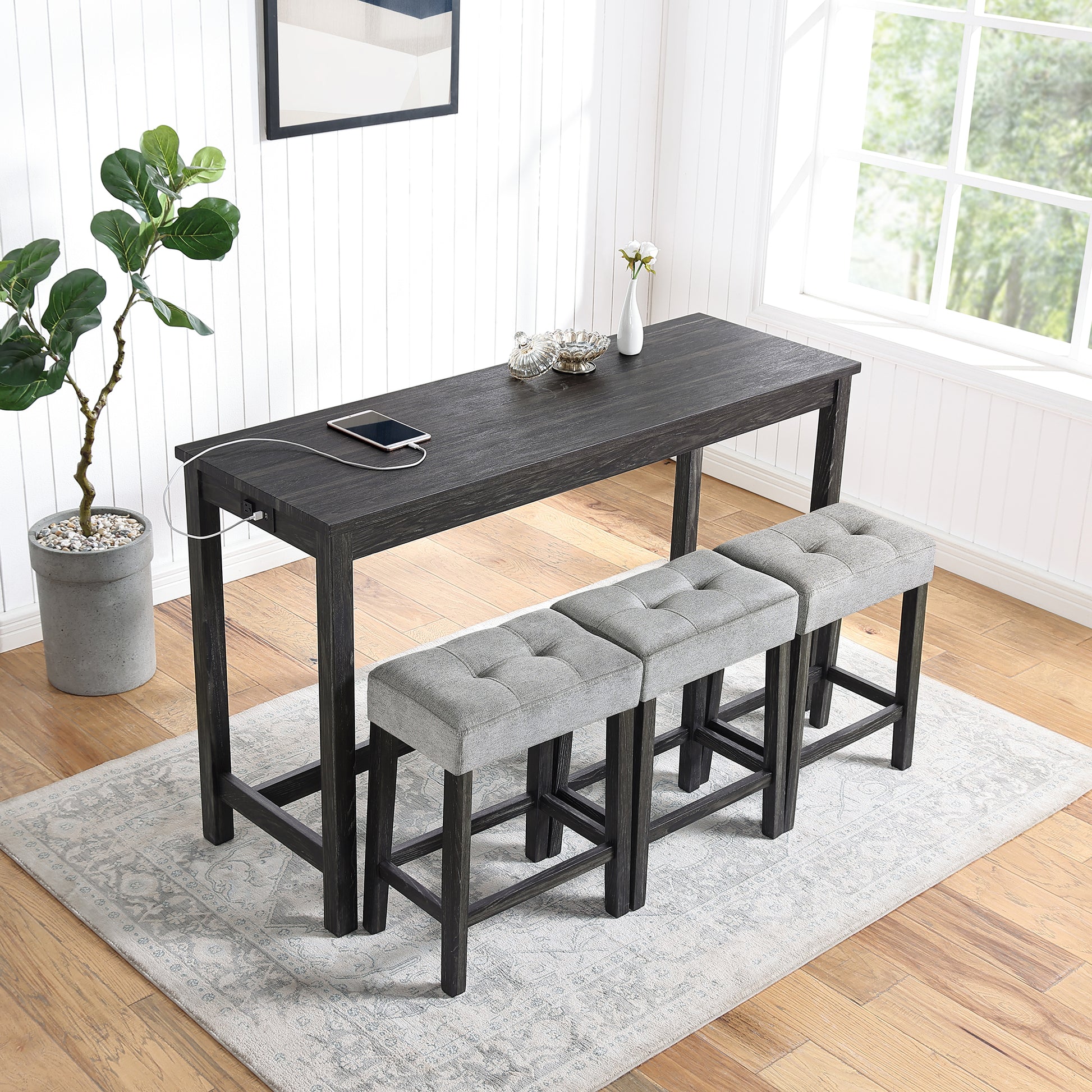 Bar Table Set with Power Outlet, Bar Table and Chairs Set, 4 Piece Dining Table Set, Industrial Breakfast Table Set, for Living Room, Dining Room, Game Room image 2