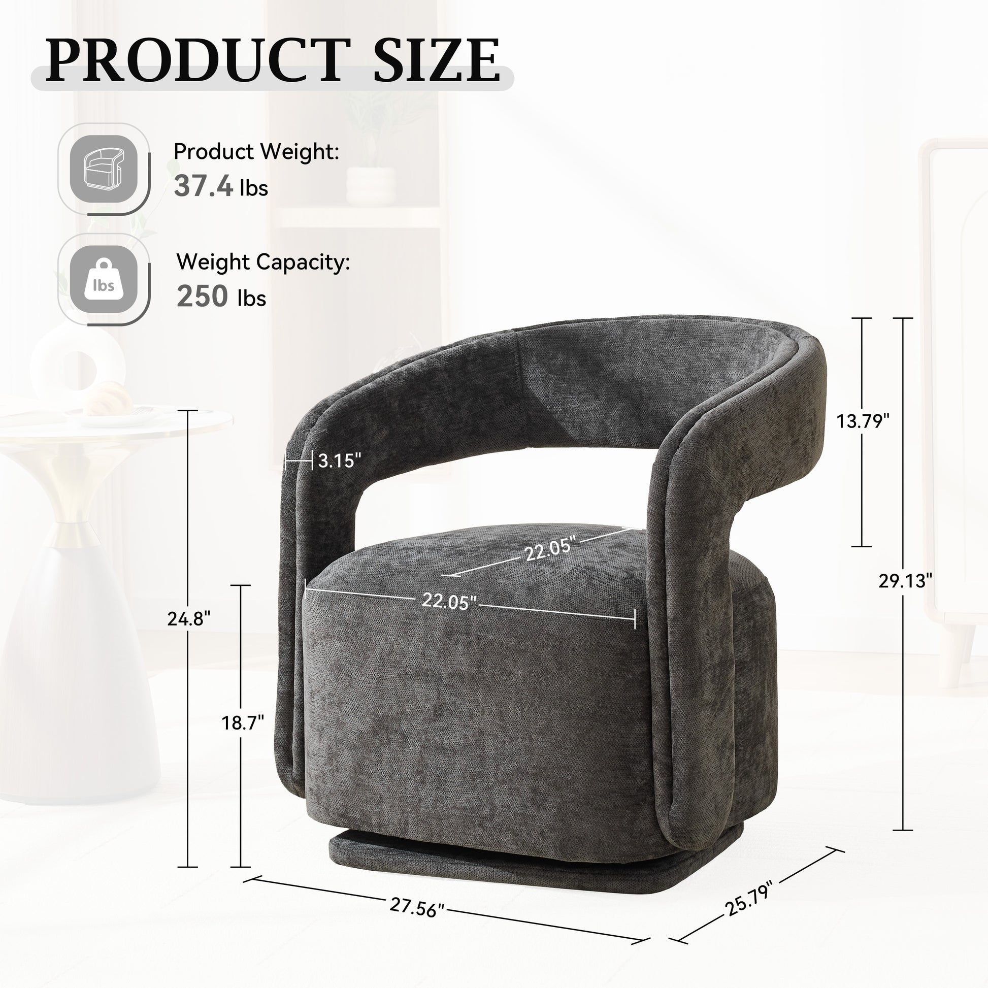 065-Chenille Fabric Swivel Accent Armchair, Comfy Barrel Leisure Chair With Curved Backrest, Upholstered Reading Chair With Black Swivel Base, 22-inch large seat depth and width, Dark Gray image 3