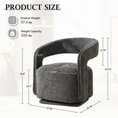 065-Chenille Fabric Swivel Accent Armchair, Comfy Barrel Leisure Chair With Curved Backrest, Upholstered Reading Chair With Black Swivel Base, 22-inch large seat depth and width, Dark Gray image 3