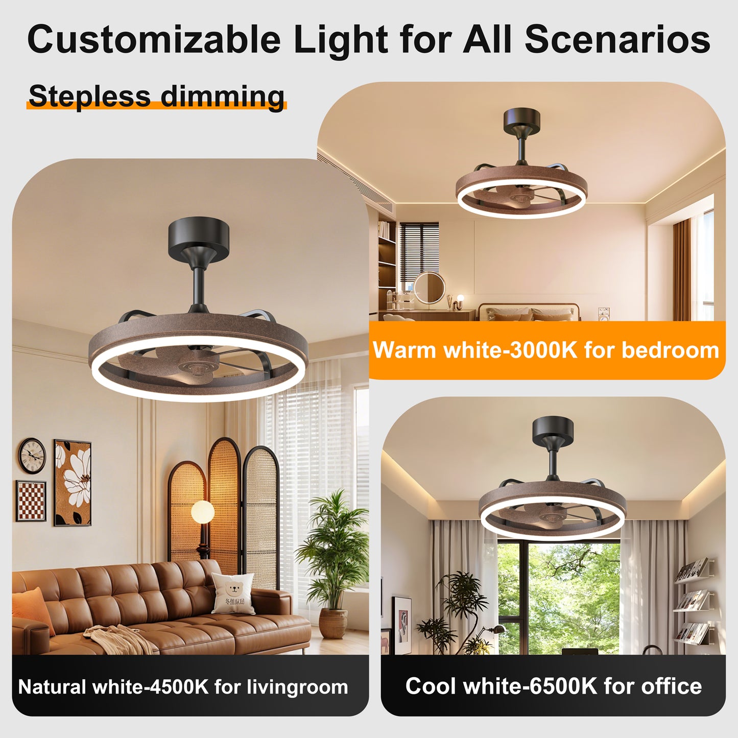 20.5" Rustic Brown Ceiling Fans with Lights Remote & APP Control, Downrod Mount Dimmable LED Fandelier, 6 Speeds Quiet DC Motor, Modern Ceiling Fan for Bedroom Living Room image 7
