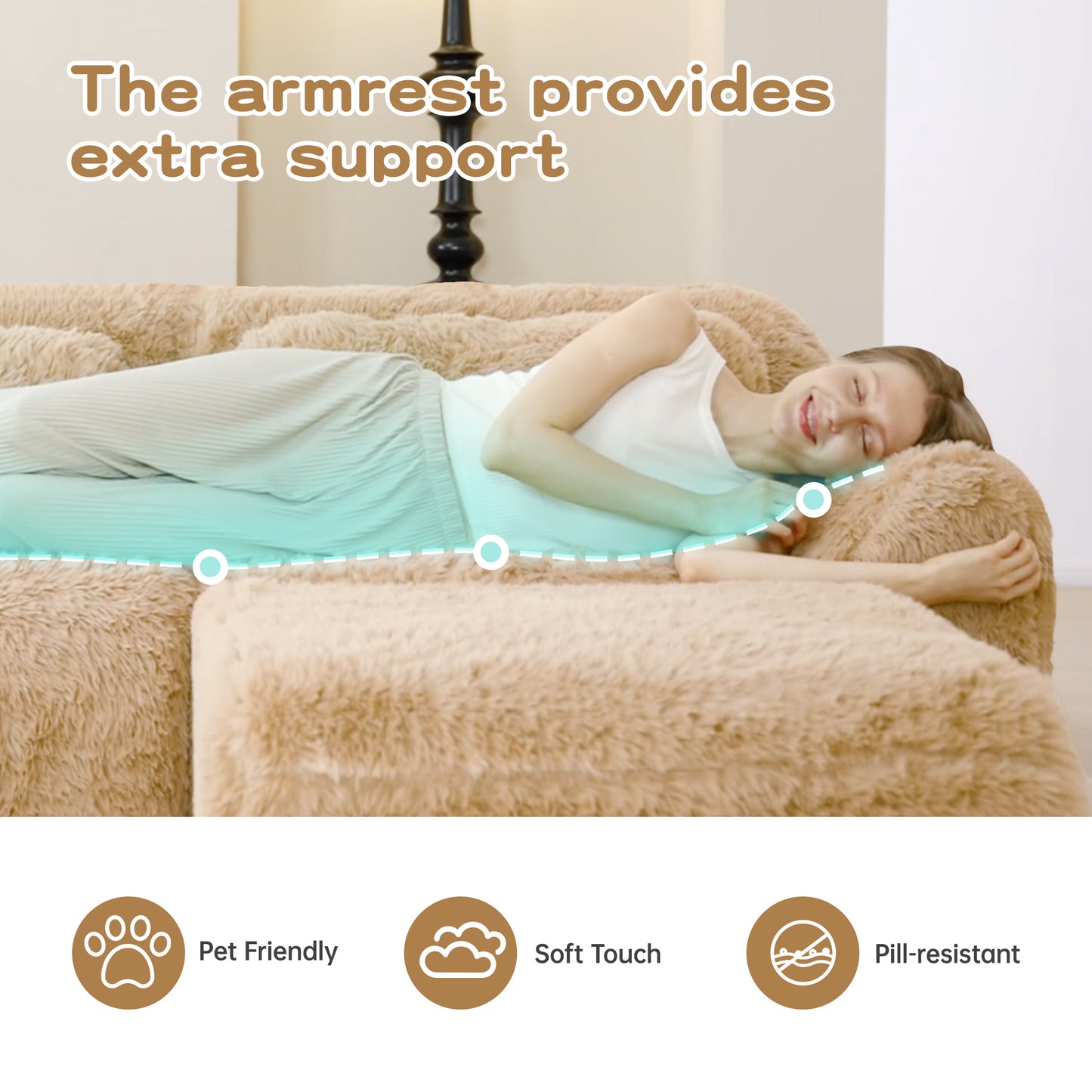 2-seater Modular Sectional Sofa Couches,Soft Fluffy Plush Fabric Bottom Anti-Slip Design,32D High Density Sponge,No Assembly Required Ergonomic Design,With Throw Pillows For Study,Light Khaki image 9