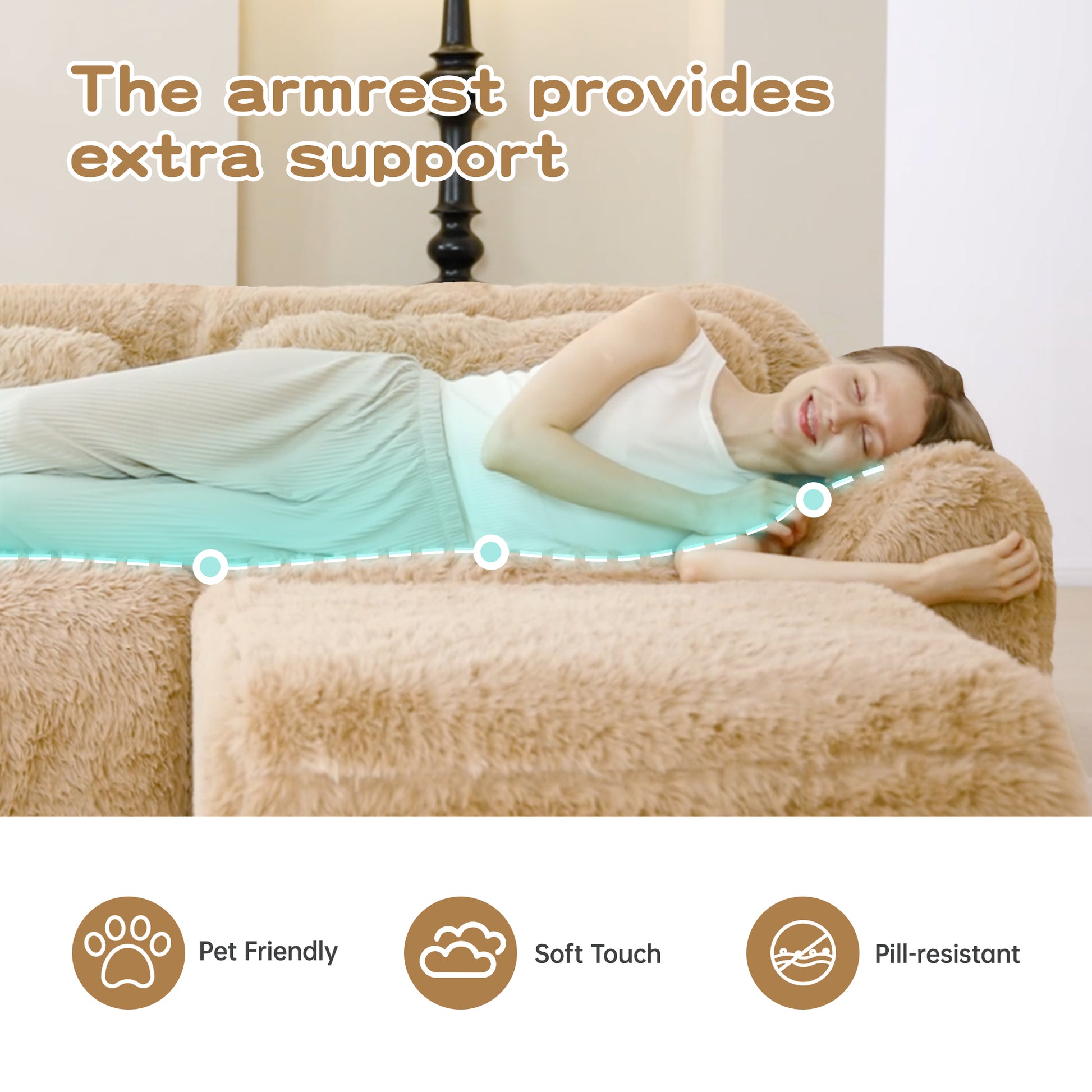 2-seater Modular Sectional Sofa Couches,Soft Fluffy Plush Fabric Bottom Anti-Slip Design,32D High Density Sponge,No Assembly Required Ergonomic Design,With Throw Pillows For Study,Light Khaki image 9