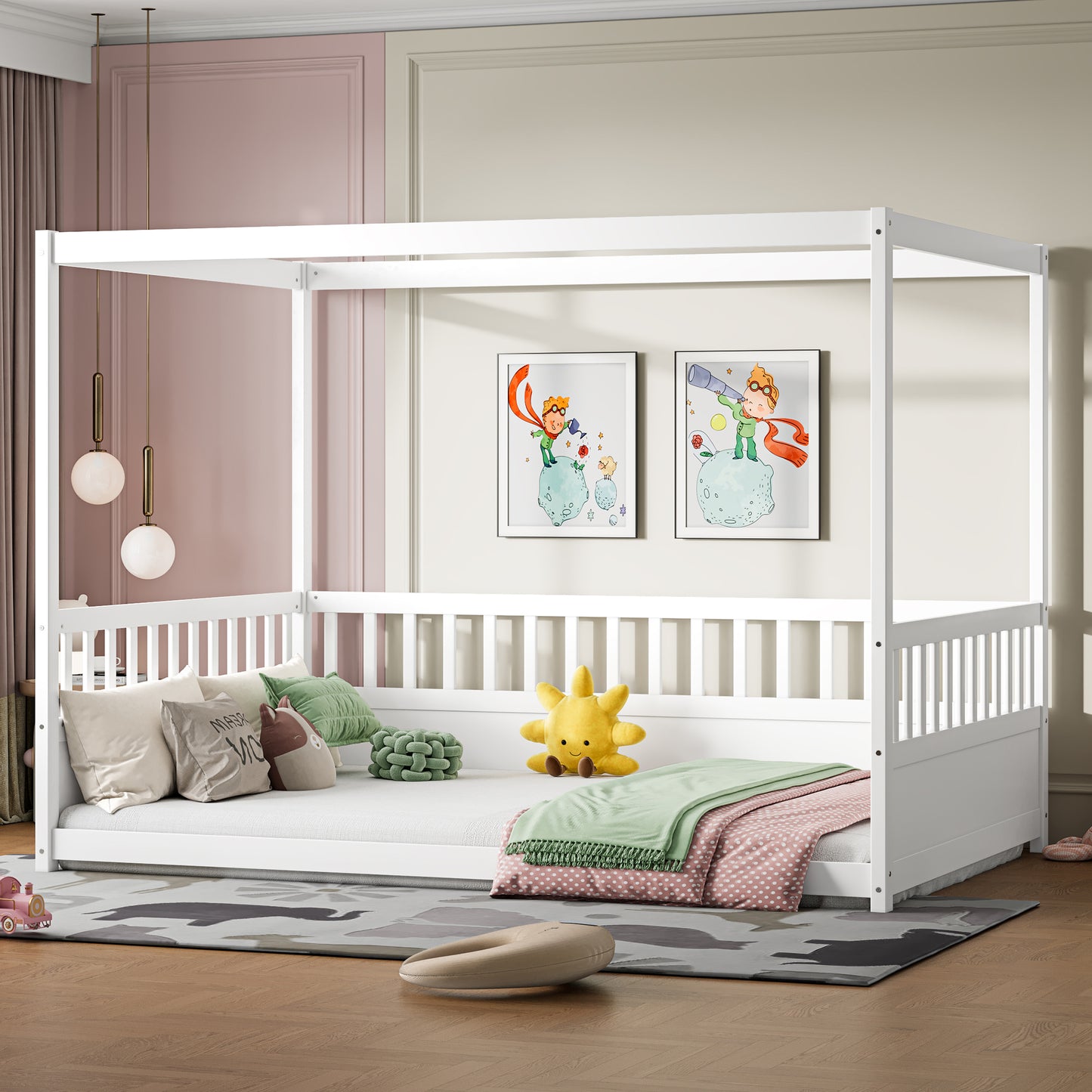 Full Size Canopy Bed Frame with Guardrails for Kids,Floor Bed Full with Four Poster Design,Kids Montessori Floor Bed,Wood Canopy Bed Frame for Girls,Boys(Full,White) image 3