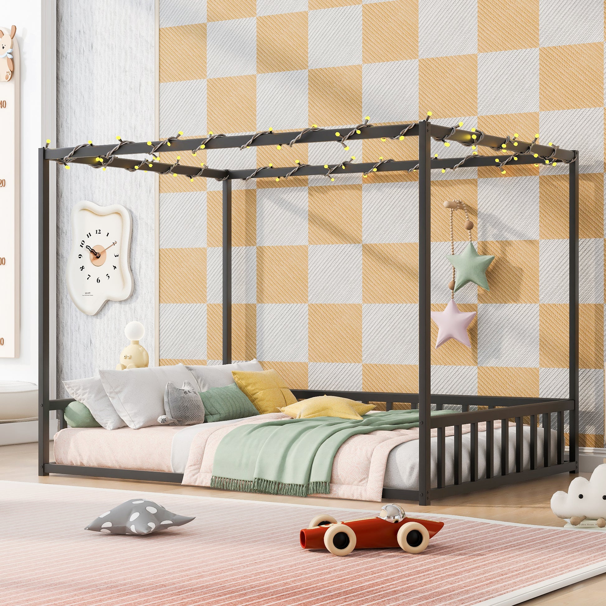 Full size sunshade floor bed, iron double-size bed frame, modern low-profile double-size bed, equipped with fence-style guardrails, black series image 2