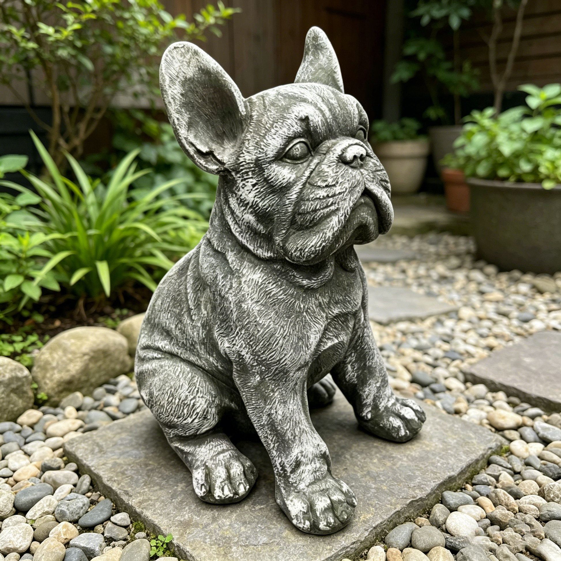 16'' Outdoor Weatherproof French Bulldog Statue, Rustic Stone Finish Resin Dog Sculpture, Decorative Ornament for Garden, Yard, Patio, Lawn & Backyard Landscaping image 1