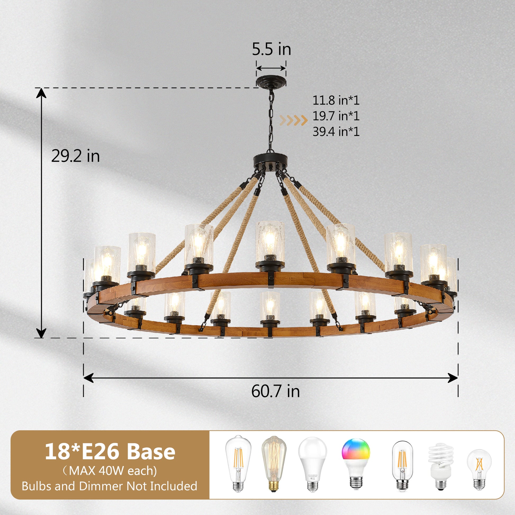 18-Light Rustic Wagon Wheel Chandelier,59"Wooden Pendant Light with Seeded Glass Shade,Industrial Chandeliers for Dining Room Kitchen lsland Foyer (Solid One-Piece Wood Frame Design)-NO INCLUDED BULBS image 10