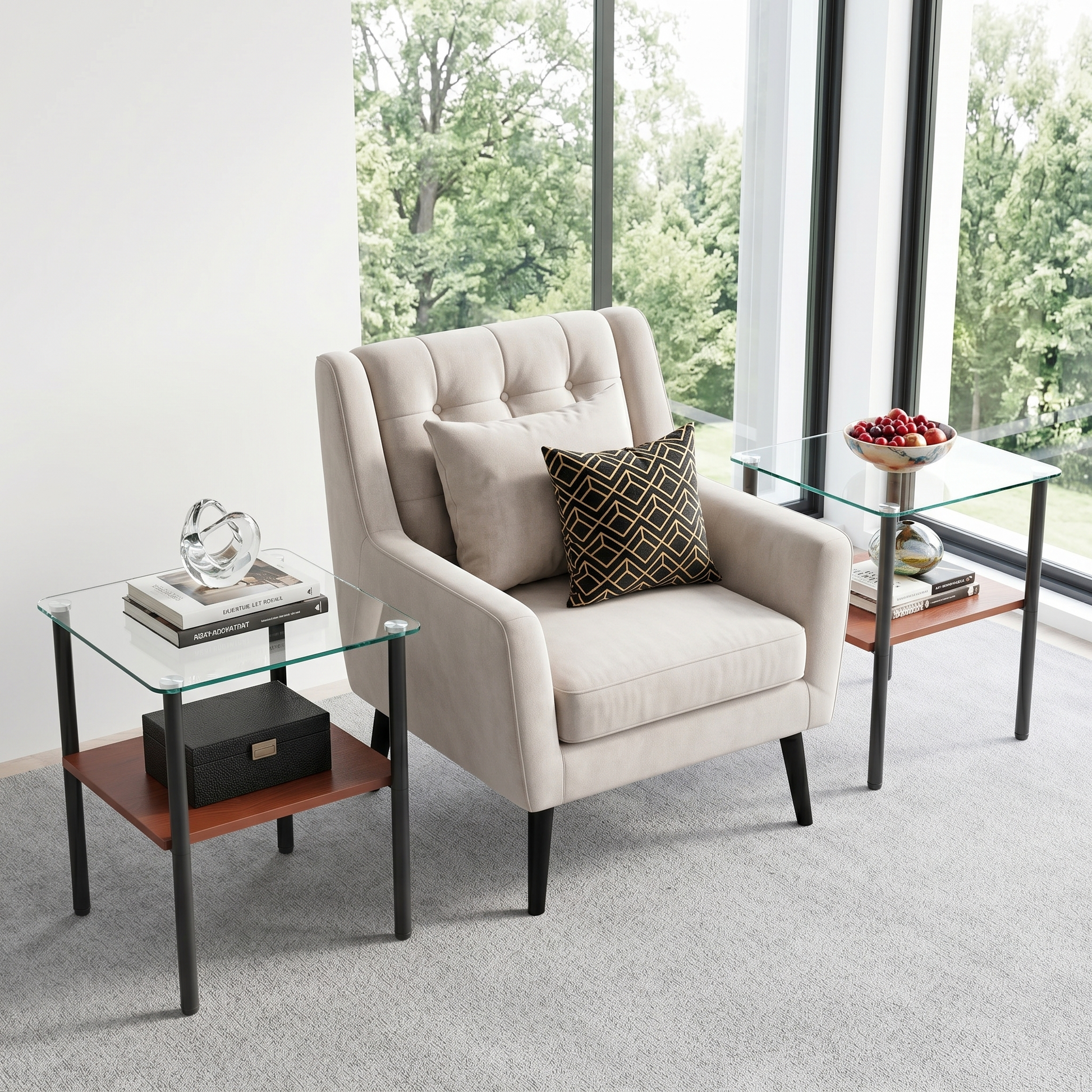 2-piece Modern Rectangular Glass Side Table, Tempered Glass Tabletop, MDF Storage Shelf & Metal Legs, Minimalist Sofa Side Table for Living Room & Bedroom image 5