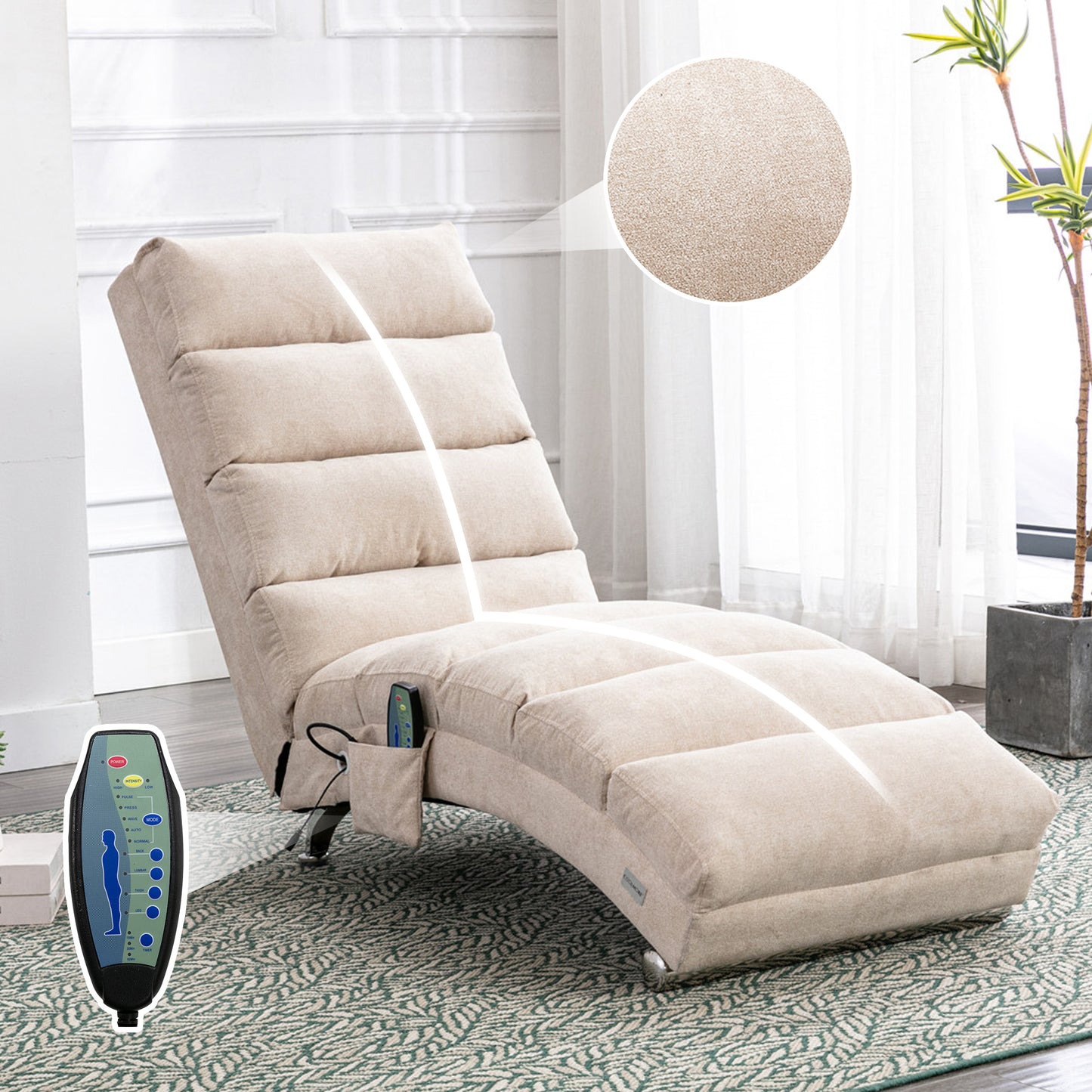 COOLMORE Luxury Upholstered Chaise Lounge Chair with Vibration for Relaxation, Modern Fixed Back Fabric Leisure Recliner Sofa for Living Room/Bedroom image 1