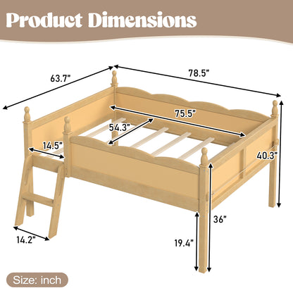 Full Size Loft Bed with Full-Length Guardrails, Solid Wood Low Loft Bed with Ladders and Beside Book Shelf, Chic Shape and Low Profile Design, Natural image 4