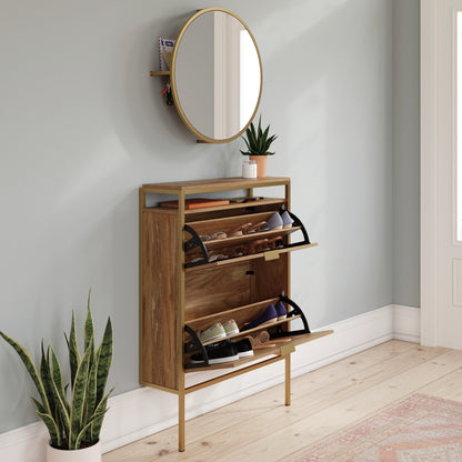 Wall-mounted Shoe Cabinet with Mirror, Brown finish image 3