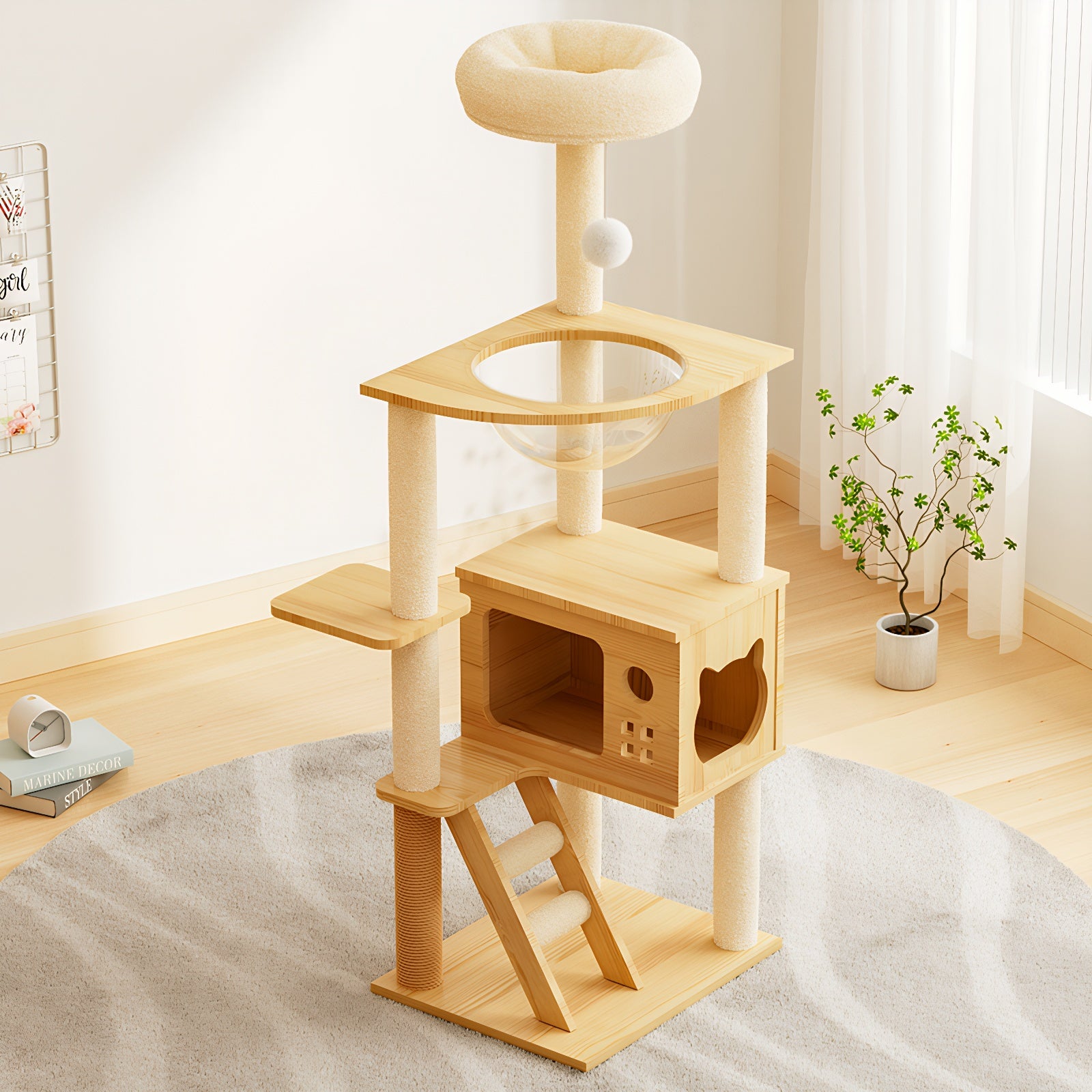 48.8" Modern Cat Tower, Wood Cat Tree Tower for Indoor Cats, Cat Treewith Sisal-Covered Scratching Posts and Top Perch, Cat Condo with Acrylic Hammock for Small Large Cats image 1