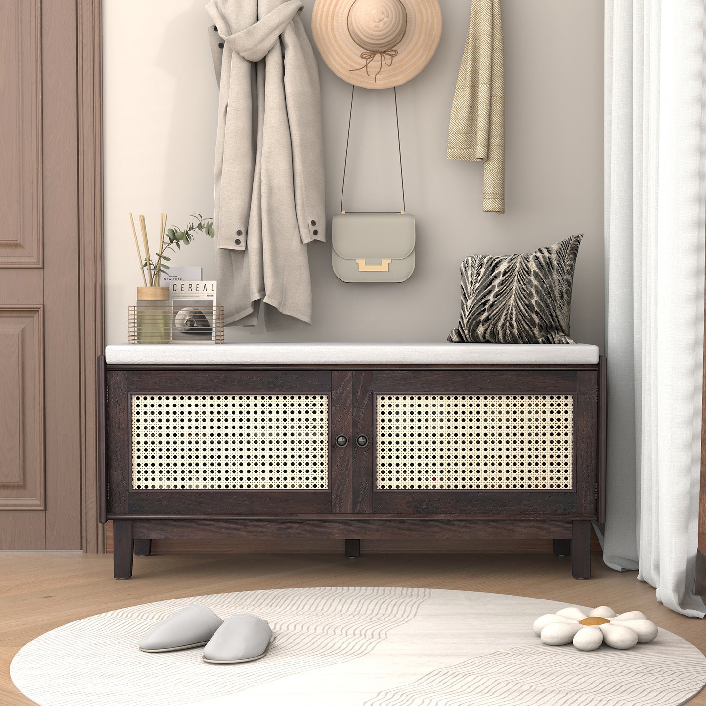 TREXM Boho Rattan Entryway Bench with Storage, Cushioned Shoe Bench with Double Doors, Wooden Shoe Organizer Bench for Entryway and Hallway (Espresso+Beige) image 1