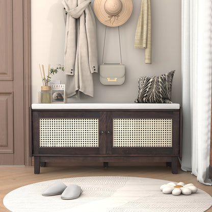 TREXM Boho Rattan Entryway Bench with Storage, Cushioned Shoe Bench with Double Doors, Wooden Shoe Organizer Bench for Entryway and Hallway (Espresso+Beige) image 1