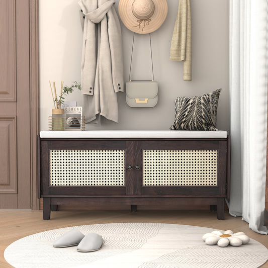 TREXM Boho Rattan Entryway Bench with Storage, Cushioned Shoe Bench with Double Doors, Wooden Shoe Organizer Bench for Entryway and Hallway (Espresso+Beige) image 1