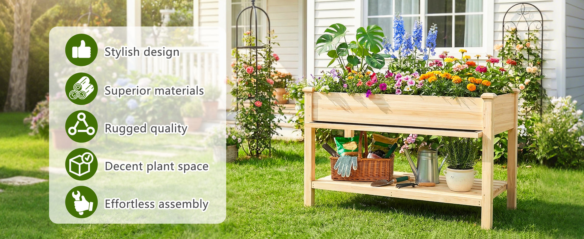 Raised Garden Bed 48x23x31.1-inch Elevated Wood Planter with Water Collection Tray, Storage Shelf, Protective Liner image 6
