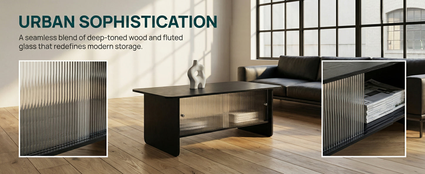 47" Coffee Table With Storage, Rectangular Modern Minimalist Center Table, Fluted Glass Sliding Doors For Living Room Bedroom Guest Room, Black. image 5