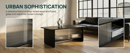 47" Coffee Table With Storage, Rectangular Modern Minimalist Center Table, Fluted Glass Sliding Doors For Living Room Bedroom Guest Room, Black. image 5