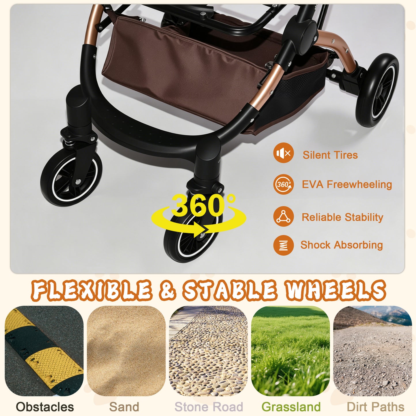 Pet Stroller for Dogs and Cats, 2-in-1 Detachable Foldable 4 Wheels Pet Stroller, Quick One-Hand Fold, Storage Basket, Detachable Carry Basket with Sun Canopy(Khaki++Gold) image 9